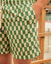 Stone Washed Printed Nylon Swim Shorts - B96PM - Green Tile Grid | 