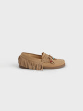Suede fringed loafer in champagne beige with beaded tassel, side view | 